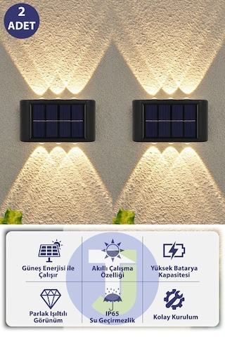 Modern Solar Güneş Enerjili 6 Ledli Bahçe Aydınlatması Aplik Sarı Işık Led Lamba 2 Adet