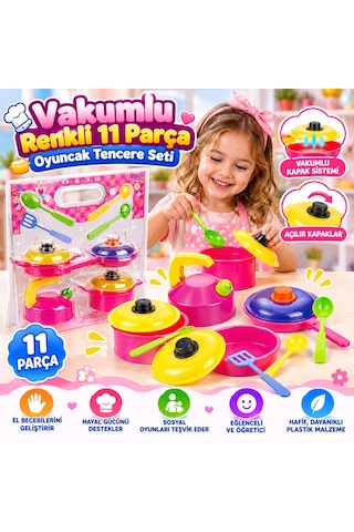 Vakumlu Renkli 11 Parça Oyuncak Tencere Seti Pembe