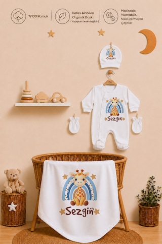 Pia Baby Kişiye Özel Erkek Bebek Tulum Set 4 Parça %100 Pamuk İsimli Organik Baskılı Battaniyeli 1103btyx Krem