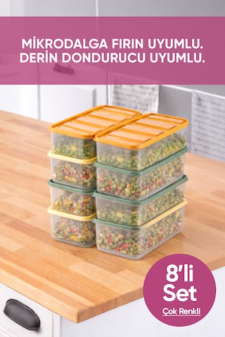 Vinoa 8'li 8x1.65 Litre Bpa Free Mikrodalga Ve Difrize Uygun Yıkanabilir Saklama Kabı Çok Renkli