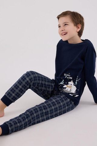 Arnetta Erkek Çocuk Aile %100 Pamuk 4 Mevsim Uzun Kollu Ekoseli Pijama Takım Lacıvert