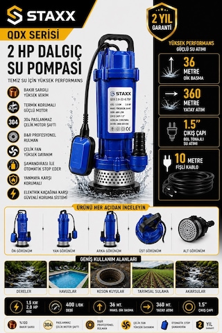 Staxx Qdx2hps 2hp Şamandıralı Dalgıç Su Pompası 40 Metre Basma 1.5'' Bakır Sargılı Temiz Su Motoru