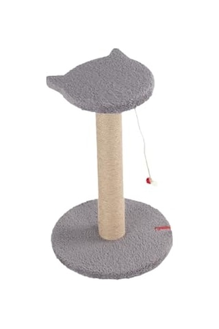 Pugalo Stepli Kedi Yüzlü Platform Tırmalama Tahtası, Gri Peluş Kaplı, Sisal İpli, Oyuncaklı Antrasit