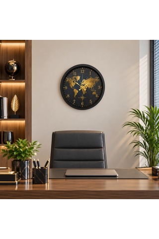 Altın Atlas Dünya Haritalı 40 X 40 Cm Siyah Metal Duvar Saati