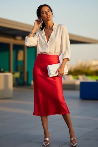 Fashion Cocktail Saten Dökümlü Belden Oturan Kalın Iç Lastikli Yırtmaçsız Diz Altı Midi Ofis Etek Pembe