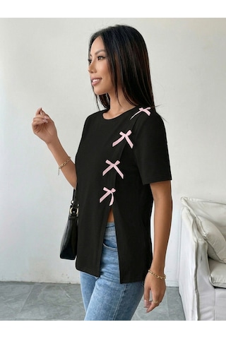 Uyguntarz Unisex Pembe Fiyonk Süslemeli Yırtmaç Detaylı Siyah Pamuklu Tişört Baskılı Tasarım Tshirt