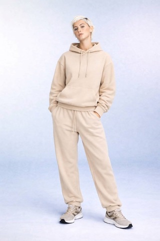 İçi Polarlı Kapşonlu Kadın Sweatshirt Hoodie Krem