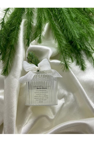 Nazar Duası Mika Kapaklı Mum Hediyelik Beyaz Kurdele Ve Çam Detaylı Özel Gün Süsü Şeffaf