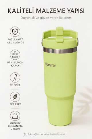 Ss119 900 Ml Çelik Termos Bardak Pipetli Kulplu Taşınabilir Su Matarası Yeşil