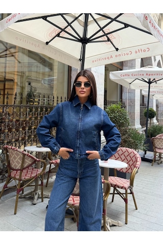 Out Of Standart Kadın Cropped Fermuar Detaylı Denim Ceket Blue