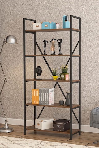 Wood House - Deniz Metal 5 Raflı Kitaplık-ceviz