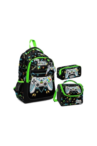 Coral High Erkek Çocuk Üç Gözlü İlkokul Çanta Seti - Siyah Fosforlu Yeşil Gamer Desenli