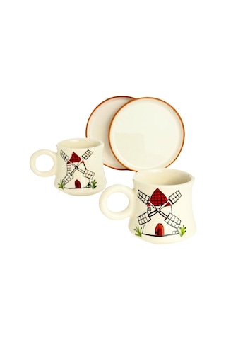 2 Li Takım Değirmen Desenli El Yapımı Kazan Seramik Kahve Fincanı, Kahve Fincanı, Hand Made Beyaz