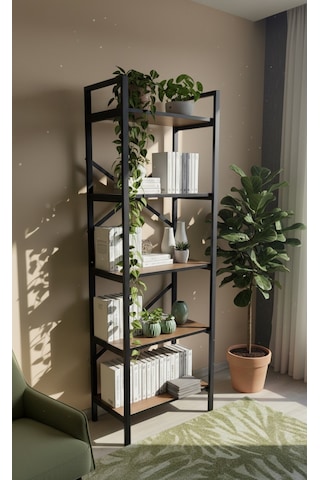 Modern 5 Raflı Kitaplık Geniş Metal Kitaplık Dosya Rafı Ofis Salon Raf Ceviz Ceviz - Siyah