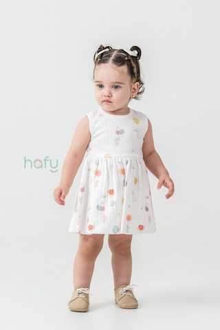 Hafy Baby Kolsuz, Renkli Balon Desenli, Yazlık Kız Çocuk / Bebek Elbisesi Krem