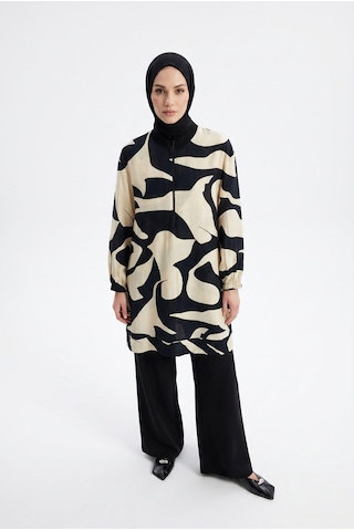 Armine Trend Yarım Fermuarlı Kendinden Desenli Tunik Bej 26yt473