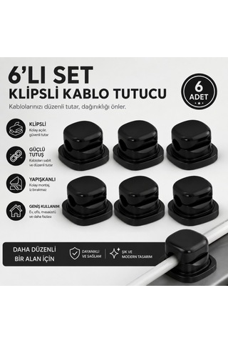 Polham 6 Lı Set Klipsli Kablo Tutucu Yapışkanlı Masaüstü Kablo Düzenleyici, Şarj Usb Mouse Kulaklık Kablo Sabitleyici