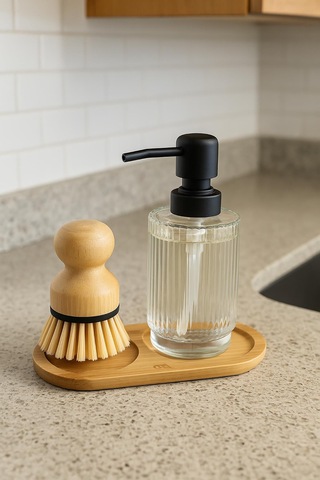 3 Parça Bambu Altlıklı Sabunluk Ve Temizlik Fırça Seti Bambu