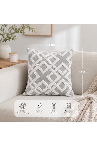 Maze 43x43 Cm Dekoratif Kırlent Kılıfı Geometrik Dokulu Modern Koltuk Yastık Kılıfı Gri
