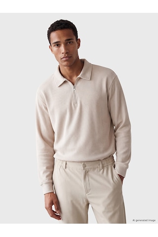 Lcw Vision Bej Polo Yaka Erkek Kalın Sweatshirt