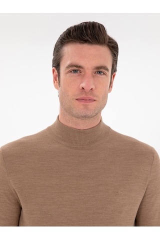 Cacharel Camel Slim Fit Yün Karışımlı Yarım Balıkçı Yaka Basic Triko Kazak Kahverengi