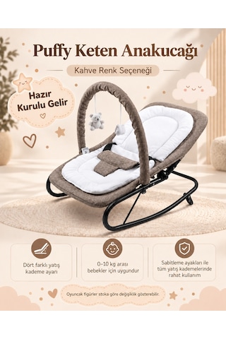 Puffy Keten Anakucağı - Hazır Kurulu Gelir- Sallanır - 4 Kademe - Anadizi Sabitlenebilir-kahve