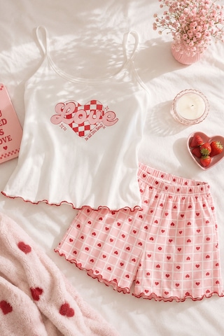 Koza İç Giyim Kadın İnce Askılı Desenli Pamuklu Şortlu Pijama Takımı Kk30231 Pembe - Beyaz