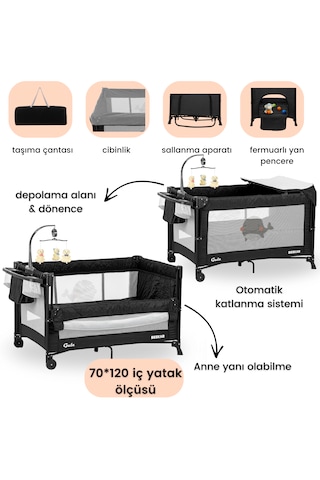 Gulz Beskar Anne Yanı Sallanır Cibinlikli Dönenceli Alt Açmalı Oyun Parkı Bebek Beşik 70x120 Cm Siyah