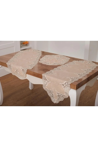 Nadide Lüx Güpürlü Simli Keten Kumaş Bej Salon Takımı 5 Parça 40x160 Cm 1365 Bej