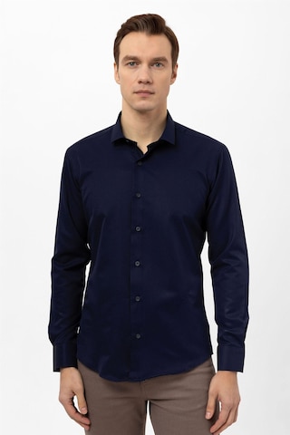 Süvari Lacivert Slim Fit Armürlü Klasik Yaka Gömlek
