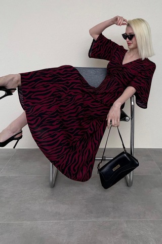 Madmext Bordo Zebra Desenli V Yaka Yarım Kollu Elbise Mg2394
