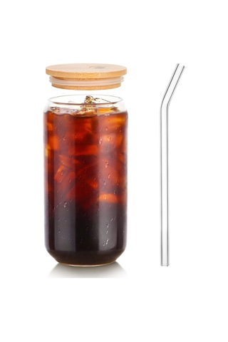 2li Bambu Kapaklı Pipetli Meşrubat Bardağı Sunum Kokteyl Cool Lime Bardak