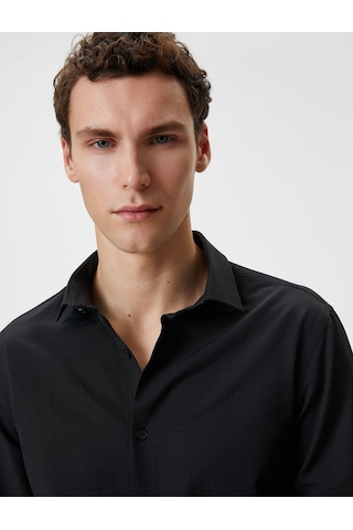 Koton Slim Fit Gömlek Yarım İtalyan Yaka Düğmeli Dokulu Siyah 4sam60015hw 4SAM60015HW999 Siyah
