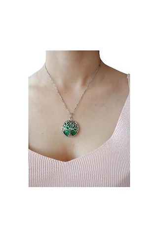 Malachıte Doğal Taşlı Hayat Ağacı Çelik Kolye - Kadın Yeşil