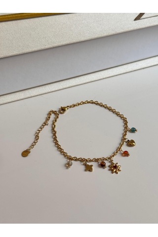 Renkli Taşlı Çiçek Kalp Figürlü Altın Renk Charm Kadın Halhal Altın