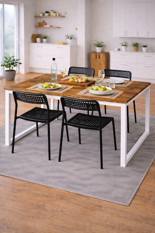 5'li Mutfak Masa Takımı, 4 Sandalye Ve 1 Masa, Yemek Odası, Bahçe Takımı, 4 Kişilik, Metal Ayaklı Masa: Çam/beyaz - Sandalye: Siyah