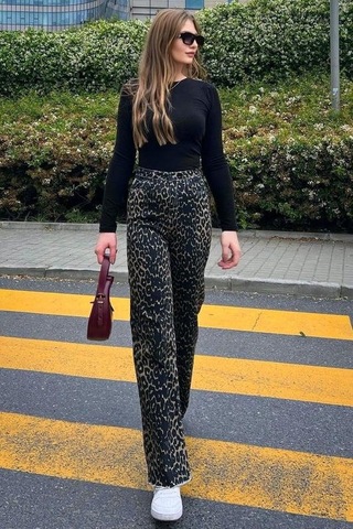 Seeh Siyah Leopar Palazzo Kadın Jean Pantolon Sh352 Desenli