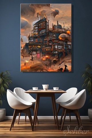 Dikey Kanvas Tablo Tekli Ev Kafe Ofis Steampunk Veya Post-apokaliptik Şehir Konsepti 2725