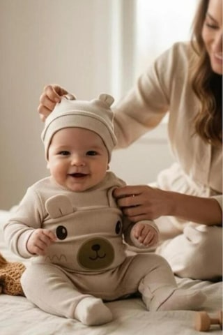 Altıntaş Baby Kulaklı Ayıcık Nakışlı Bereli Erkek Bebek Fitilli Tulum Krem Krem