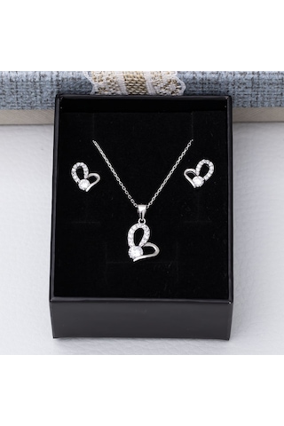 Kalp Tektaş Model 925 Ayar Gümüş Kadın 2'li Set Gümüş