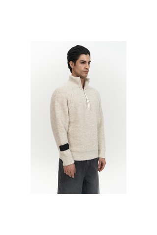 Zane Fermuar Detay Bej Erkek Triko Kazak Bej