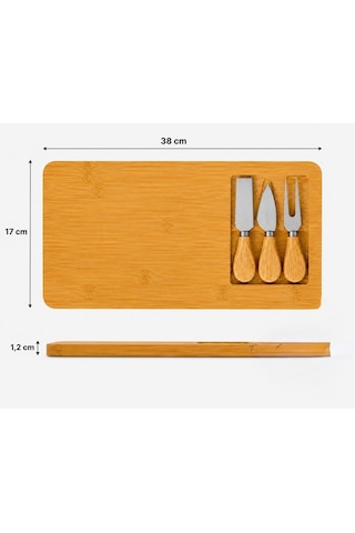 Bambu Peynir Sunum Tahtası Seti,3lü Aparatlı, 4 Parça,ahşap Servis,şarküteri, Kahvaltı Sunum Tabağı,38x17 Cm Açık Kahverengi