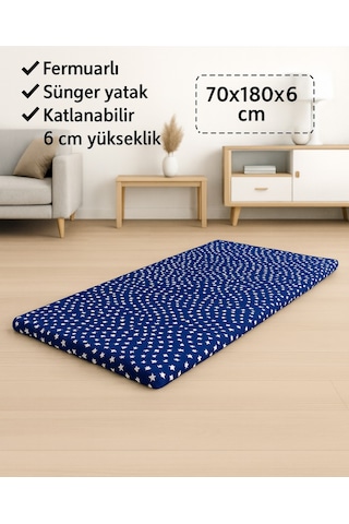 Sünger Yatak 70x180x6 Cm, Yer Yatağı,yer Minderi,şantiye,karavan,deprem Yatağı-lacivert Yıldız