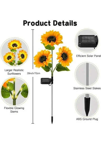 Güneş Enerjili Solar Bahçe Aydınlatması - 2'li Paket Dev Ayçiçeği Led Lamba - Su Geçirmez Dekoratif Bahçe Sarı