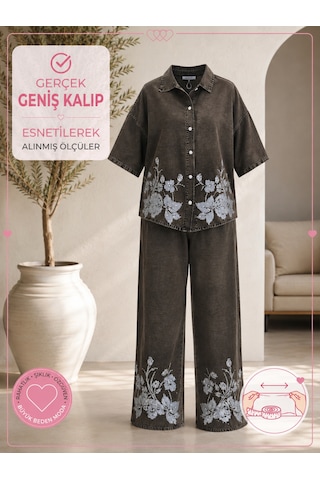 Büyük Beden Yakalı Düğmeli Kapri Kol Çiçek Desenli Bol Paça Denim Kadın İkili Takım Kahverengi