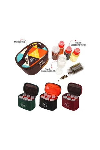 Samdoo Mekanik Outdoor Picnic Baharat Seti 6'lı - Sıvı Ve Toz Baharat İçin Taşınabilir Pet Kavanozlar İle Oxford Bezi Çanta Koyu Yeşil Çok Renkli
