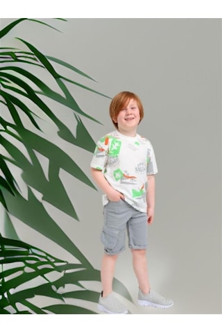 Jack Lions Erkek Çocuk Pamuklu Adventure Yazılı Neon Dinazor Baskılı Tshirt-12920-beyaz Beyaz
