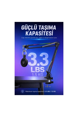 Larkin Nb39 Rgb Demir Masa Üstü Yayıncı Mikrofon Standı Boom Arm Siyah
