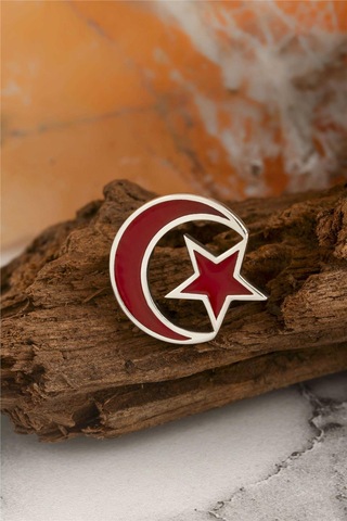 925 Ayar Gümüş Ayyıldız Mineli Rozet -8064 Gümüş