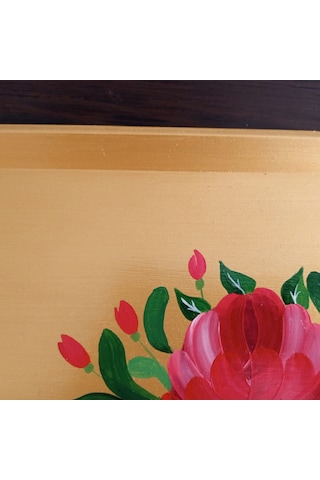 Altın Varaklı El Boyaması Gül Desenli Ahşap Nişan/sunum Tepsisi Altın